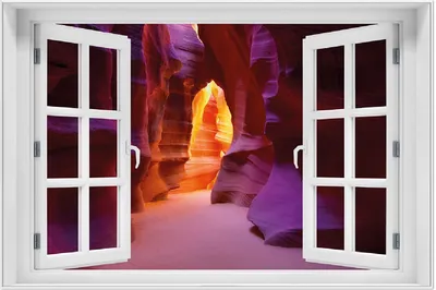 Produktbild von Wallario Wandbild mit Fenster-Illusion: Felsschlucht in Arizona USA - orange und violett, Größe: 61 x 91,5 cm, Poster mit weißem Aluminiumrahmen