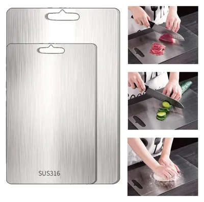 Produktbild von 2-teiliges Schneidebrett-Set aus Edelstahl 304/Titan, doppelseitig, lebensmittelecht, BPA-frei, antibakteriell, dickes Metallschneidebrett für Arbeitsplatte, Kochen, Outdoor-Aktivitäten und Camping