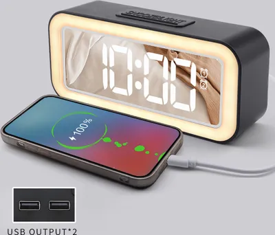 Obrázok produktu pre 5,7-palcový digitálny budík s dvoma budíkmi, zrkadlový povrch, elektronické LED hodiny, 3-stupňové nastavenie jasu, funkcia odloženia