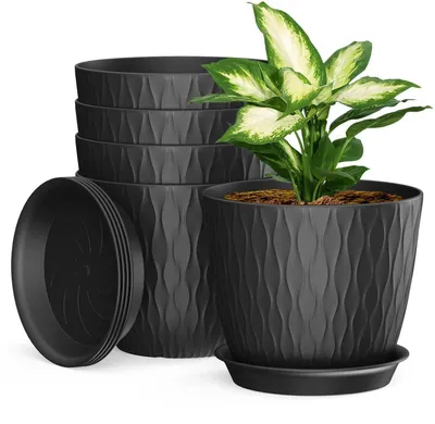 Image de Jeu de 5 pots de fleurs en plastique, de 17,5 cm de diamètre, de couleur noire, avec plateau et trous de drainage