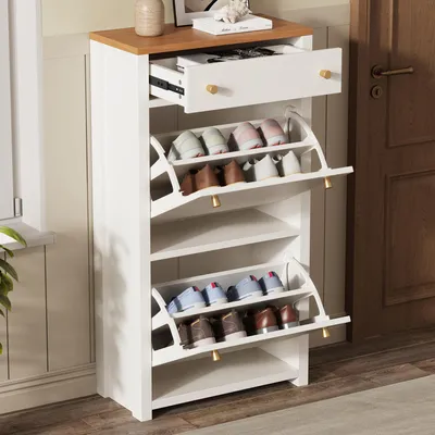 Produktbild von Moderner Schuhkipper mit Schublade 2 Klappen verstellbaren Einlegeböden und Metallgriffen