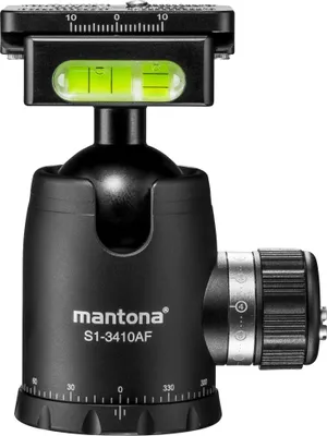 Produktbild von Mantona Fortress Kugelkopf 34 mm bis 10 kg, Stativkopf mit 360° Panorama-Funktion & 3 Wasserwaagen, inkl. Schnellwechselplatte und Friktionswegkontrolle
