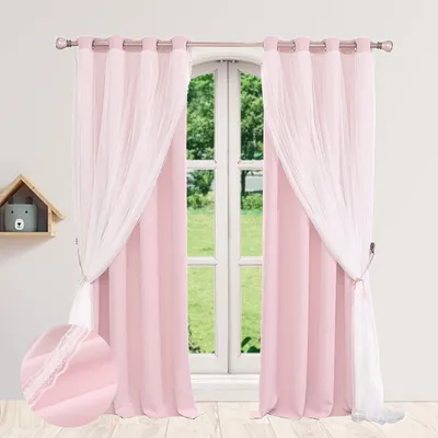 A pair of pink curtains with white sheer overlays are shown hanging in front of a window.