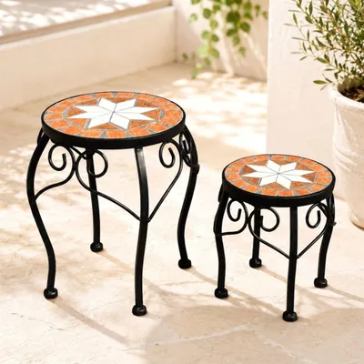Produktbild von DanDiBo Blumenhocker Mosaik Rund 2er Set 20 und 27 cm Blumenständer 12014 Beistelltisch Pflanzenständer Mosaiktisch Klein