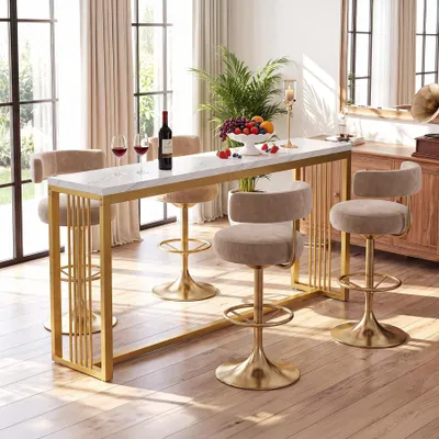 Produktbild von 180 cm langer Bartisch, Stehtisch in Weiß und Gold, hohe Bartheke für die Küche, moderner Bartisch für das Esszimmer, Holz und Metall, Hausbar