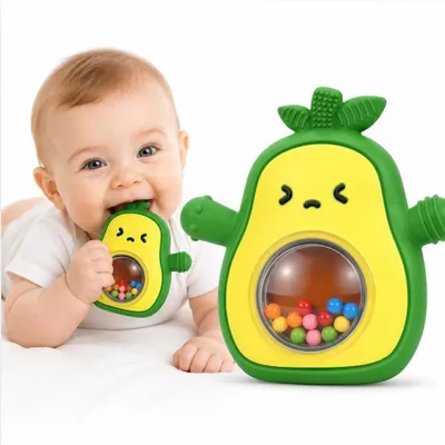 Produktbild von Avocado-Baby-Beißring mit Rassel, BPA-freier Silikon-Beißhandschuh für Babys 3–12 Monate, gegen Herunterfallen,lindert Zahnungsschmerzen, Babygeschenk