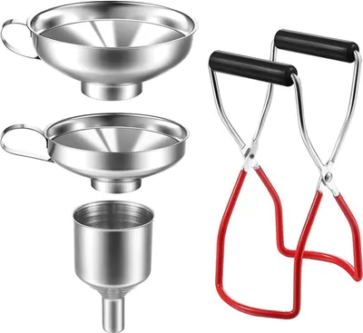 Produktbild von 4-teiliges Edelstahl-Trichter-Set mit Griffen Einmachzange, zum Befördern von Gewürzen Flüssigkeiten Pulver Marmeladenherstellung