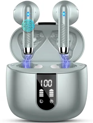 Zdjęcie produktu dla Słuchawki Bluetooth, bezprzewodowe, dokanałowe, z mikrofonem (4 mikrofony), czas pracy do 48 godzin, głęboki bas, bezprzewodowe, z wskaźnikiem LED, słuchawki Bluetooth z technologią redukcji szumów ENC, kolor: jasnoszary
