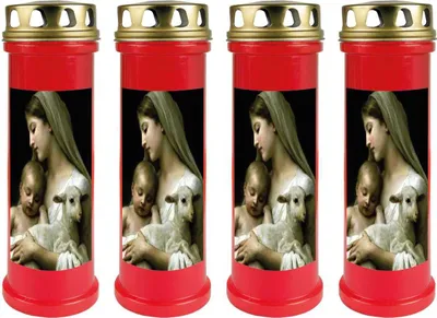 Image de Bougie funéraire - Lot de 4 - Rouge 100h ( couvercle doré ) - Marie avec l'agneau