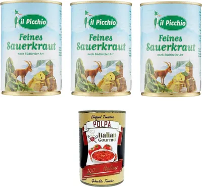 Produktbild von Il Picchio - Sauerkraut, Natur, 3x400 g+ Italian Gourmet polpa 400g