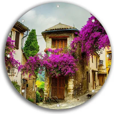 Produktbild von Wallario rundes Outdoor-Poster für Garten oder Balkon, Motiv Malerische Stadt in der Provence mit bunten Blumen, 30 cm Durchmesser