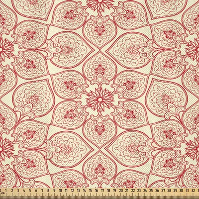 Zdjęcie produktu dla ABAKUHAUS tradycyjna satyna sprzedawana na metry, Far Eastern Bohemian Floral Etniczny azjatycki wzór z wpływami arabeskowymi, 1 m (148 x 100 cm), czerwony i kremowy