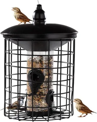 Produktbild von Unyqoos® Robustes Vogelfutterhaus mit Schutzkäfig, Metall, Schwarz, 58 cm – Futterstation für kleine Vögel, 4 Öffnungen, abnehmbares Dach