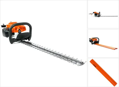 A STIHL HS 45 hedge trimmer is shown against a white background. The hedge trimmer has an orange engine housing and black handle, with a long silver blade.