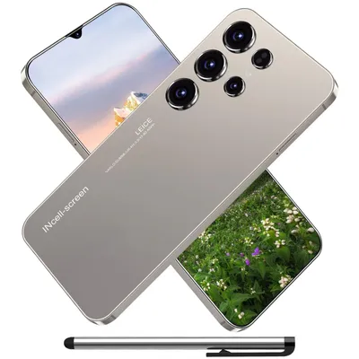 A smartphone with multiple cameras is displayed diagonally, with two screens showing different scenes. A stylus is also visible below.