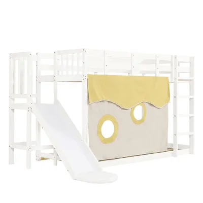 Produktbild von Flieks Etagenbett 90x200cm mit Lattenrost, Kinderbett mit Rutsche und Rausfallschutz, Hochbett mit Leiter und Regal, Massivholzbett Stockbett mit Bettvorhang, Weiß
