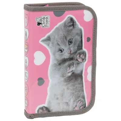 Produktbild von Katzen Federtasche gefüllt Federmäppchen Federmappe Stifte Mäppchen graue Katze