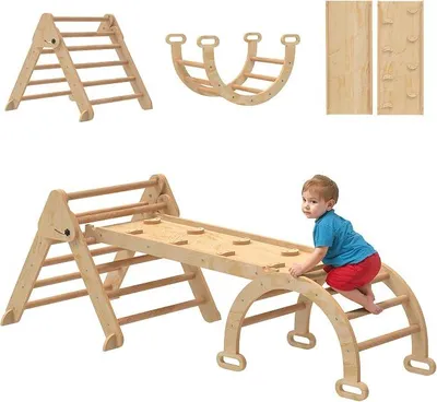 Immagine prodotto di Struttura da arrampicata Montessori per interni, pieghevole, in legno, con scivolo, arco e area giochi per bambini dai 1,5 ai 4 anni, realizzata in legno naturale