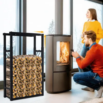Produktbild von Eikuavons Verstellbares Kaminholzregal Brennholzregal aus Metall mit 4 Haken, Länge 60/80/100 cm, Höhe 100/125/150 cm, Breite 25 cm