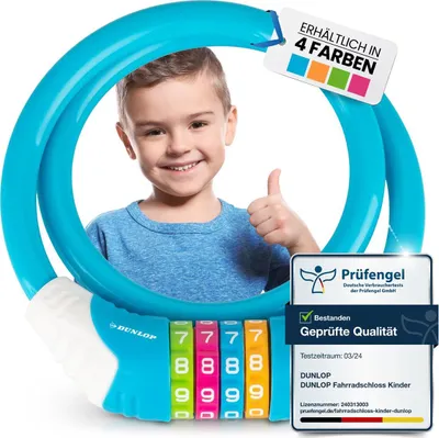 Produktbild von DUNLOP Fahrradschloss Kinder Fahrrad Schloss - Sicherheitsstufe 5 Zahlenschloss mit 4 Farb Einteilung zum besseren Merken der Kombination I Bike Fahrradschloß Lock für Kinder (Hellblau)