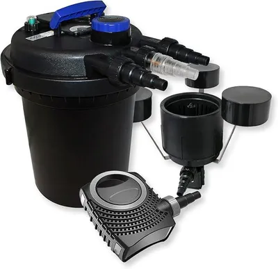 Immagine prodotto di Kit completo: filtro per laghetto CPF-250, adatto per laghetti fino a 10.000 litri, con chiarificatore per laghetto da 11W, pompa per laghetto NEO8000 SuperEco da 8000 l/h e 70W, e skimmer galleggiante CSP-250 con pompa da 2500 l/h e 45W