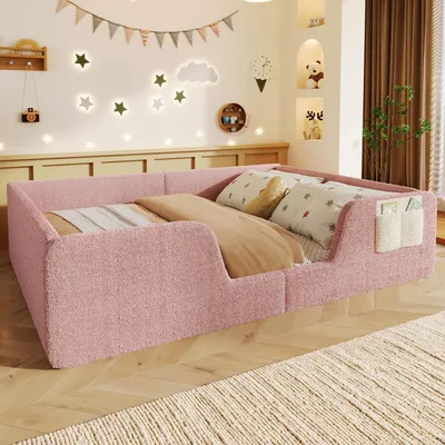 Imagen del producto de Cama para bebé okwish de 140x190 cm, con tapicería de terciopelo, estructura de cama con barandillas laterales desmontables y una bolsa de tela en el borde de la cama, ideal para la habitación infantil, color rosa (sin colchón)