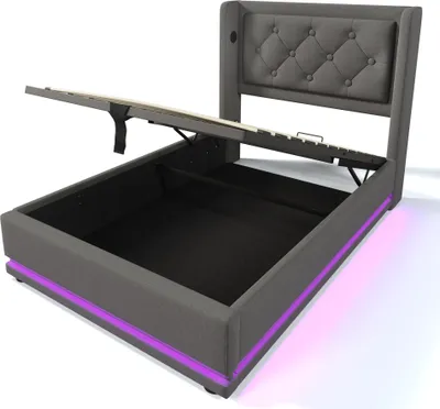Produktbild von Flieks Polsterbett 90x200cm mit USB & Typ-C, Einzelbett Jugendbett mit LED, Hydraulisches Stauraumbett Boxspringbett mit Lattenrost, Baumwolle, Grau