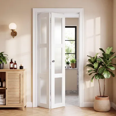 Imagen del producto de Kit completo de puerta plegable - Puerta plegable de dos hojas - 76,2 x 203,2 cm - Vidrio esmerilado - Herrajes metálicos y marco compuesto - Ideal para armarios y dormitorios - Ahorra espacio - Blanco
