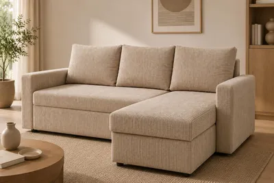 Produktbild von CODY Ecksofa mit Schlaffunktion 220 cm Schlafsofa Beige Cordstoff Bettkasten Bonellfederung