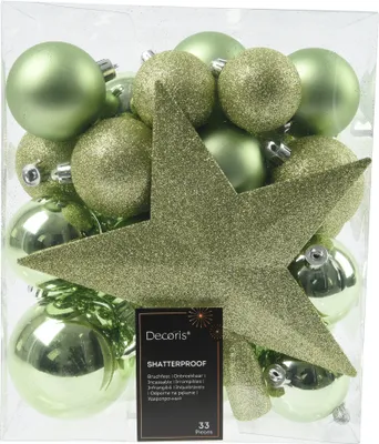 Produktbild von Weihnachtskugeln Kunststoff mit Christbaumstern 33er Set - Grüntee
