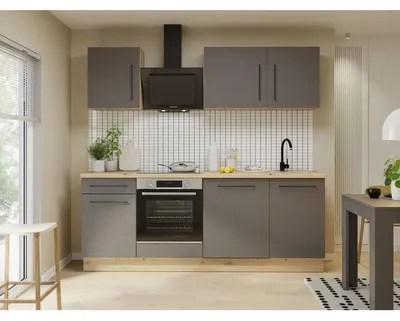 Produktbild von NOVACOOL Küchenblock 220 x 60 x 204 cm Eiche/Dunkelgrau mit Arbeitsplatte, 6 Türen & 1 Schublade, Soft-Close, matt