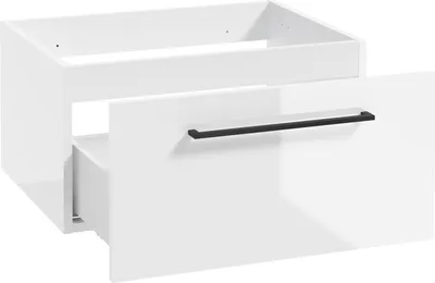 Produktbild von Waschtischunterschrank mit Metallgriff in schwarz, 60 cm breit mit 1 Schubkasten, in weiß Hochglanz lackiert MESSINA-107, B/H/T: ca. 60/30/45 cm