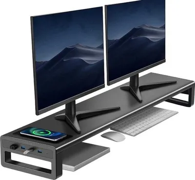 Produktbild von Doppelter Monitorständer mit Ladefunktion und 4 USB-Anschlüssen Schwarz
