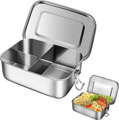Immagine prodotto di Contenitore per il pranzo Unyqoos® in acciaio inossidabile 304, a prova di perdite, capacità 1 L (16,8 x 13,6 x 6,2 cm), con 3 scomparti, guarnizione e clip in silicone, lavabile in lavastoviglie, adatto a bambini e adulti