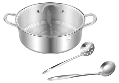 Produktbild von Hotpot Topf - Geteilter Hot Pot - 304 Edelstahl - 2 Kammern - Glasdeckel - Innendurchmesser 30 cm - Löffel + Schaumlöffel - Silber