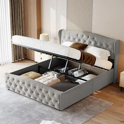 Productafbeelding van Boxspringbed 160x200, tweepersoonsbed, gestoffeerd bed, hydraulisch bed, bed met opbergruimte, fluweel, zonder matras, hydraulisch metalen bedframe, bed 160x200 cm (grijs, 160 * 200 cm)