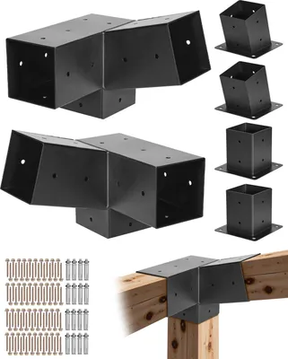 Obrázok produktu pre VEVOR stĺpikové spojky, 3-cestné šikmé konzoly pre drevené trámy 92x92 mm, 2-balenie pergolových konzol s 2 základňami pre stĺpiky a 2 základňami pre montáž na stenu, pre pergoly, altánky a vonkajšie prístrešky