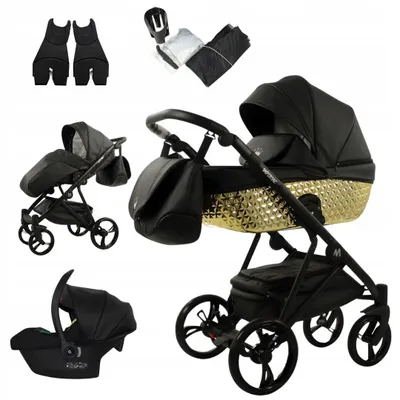 Produktbild von Mommo Imperial 3-in-1 Kombikinderwagen Gold Schwarz Kunstleder mit Babyschale