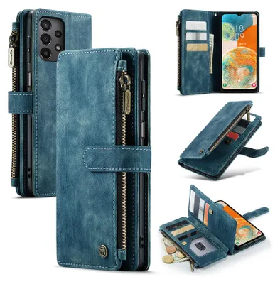 Collage of images showing a blue leather wallet-style phone case for a Samsung Galaxy A23, with various views and internal compartments.