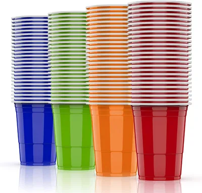 Imagen del producto de Vasos de plástico reutilizables - Set de 100 unidades - 473 ml - 16 oz - Vasos para fiestas en 4 colores