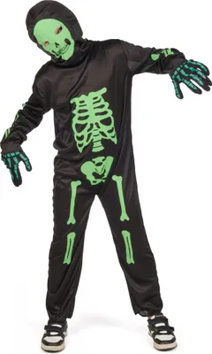 A child wearing a skeleton costume, posed against a white background.