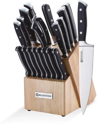 Produktbild von Kochmesser-Set (19-teilig, hochwertiger deutscher Edelstahl, extrem scharf, ergonomischer Griff, Holzblock, schwarz)