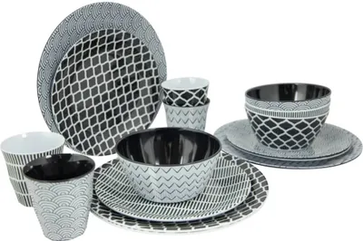 Immagine prodotto di Set di stoviglie Bo-Camp da 16 pezzi Mix & Match in melamina bianca e nera
