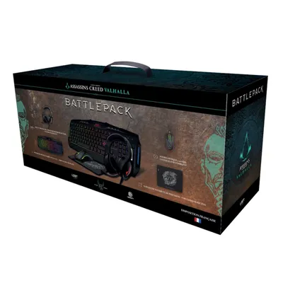 Produktbild von L33T Assassin's Creed Valhalla 4-In-1 Battlepack, Französische AZERTY Tastatur, Over-Ear Gaming Headset (50 mm Treiber) inkl. Mikrofon, Gaming Tastatur und optische Maus mit RGB Beleuchtung, rutschfestes Textil Mauspad, schwarz