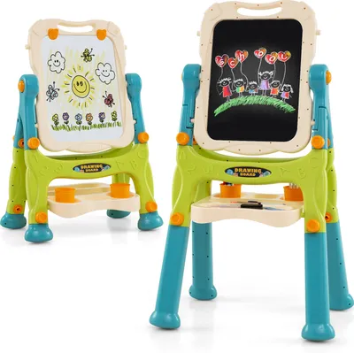 Image de COSTWAY Tableau pour enfants double face, Tableau de jeu réglable en hauteur, Tableau magnétique enfants à partir de 2 ans, Vert, Bleu