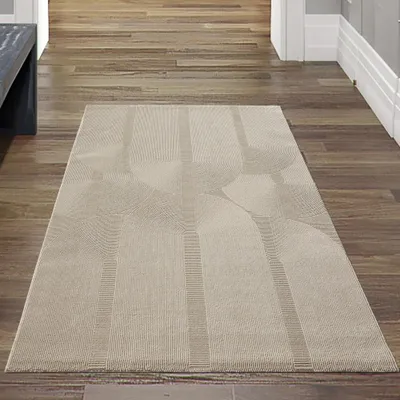 Produktbild von Recycle Teppich mit modernen ovalen Formen liniert in beige Größe - 80 x 150 cm