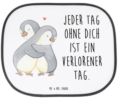Produktbild von Mr. & Mrs. Panda Sonnenschutz Auto Pinguine Kuscheln - Weiß - Geschenk, Freundin, für, Valentinstag, Jahrestag, saugnapf, Autoscheiben, Sonnenblende, Frauen, Hochzeitstag