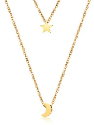 Image de Collier double avec étoile et lune, en or