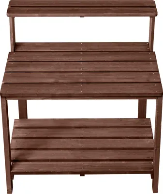 Image de Table de jardinage en bois SucceBuy avec grand plan de travail, compartiments de rangement et crochets, idéale pour le jardinage et le rempotage en extérieur, adaptée à la terrasse et au jardin, marron, design étagère, 910 x 495 x 1085 mm