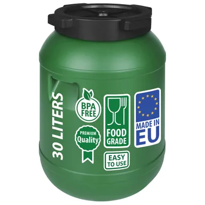 A green 30-liter barrel with a black lid, featuring several informational labels.